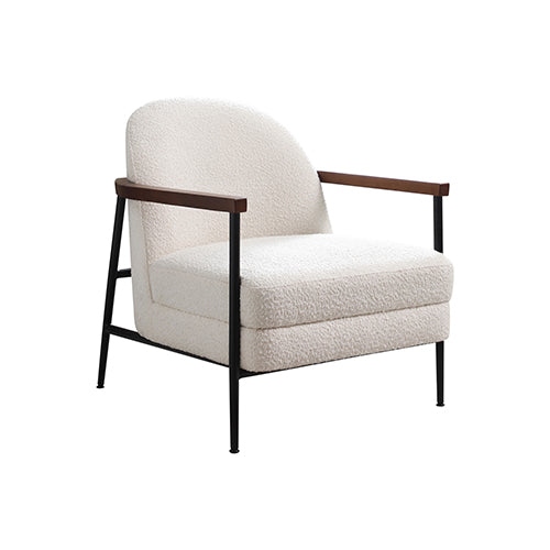 Front view upholstered armchair with cream polyester fabric, dark wood armrests, black metal legs