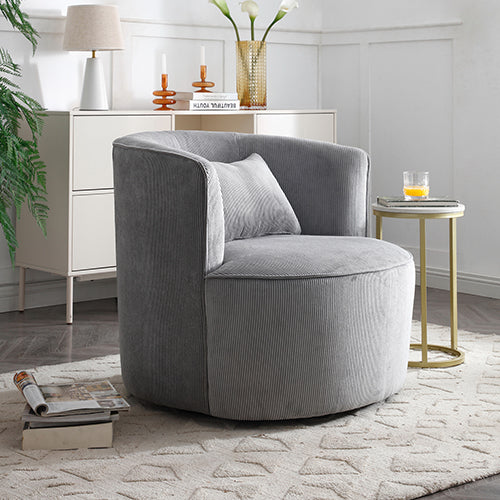Grey fabric upholstered armchair with wide arms, cushioned seat, and rounded back.