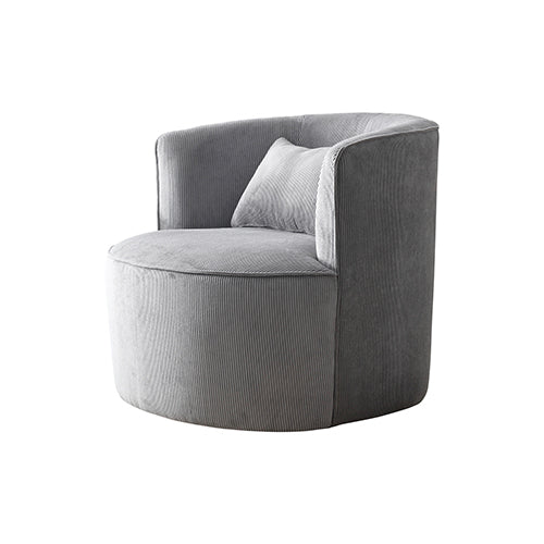 Grey fabric armchair with rounded backrest, curved armrests, and padded seat.