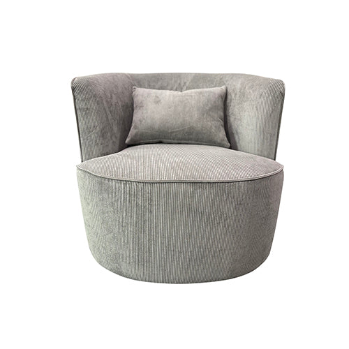 Grey fabric armchair with curved sides, rounded seat, and square upholstered back pillow.
