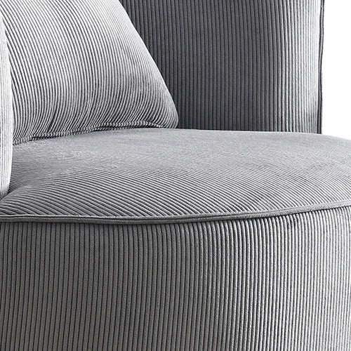 Grey upholstered armchair close-up showing ribbed fabric texture on seat and armrest.