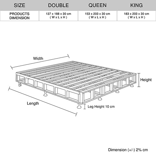 Queen mattress base dimension diagram with width, length, and height