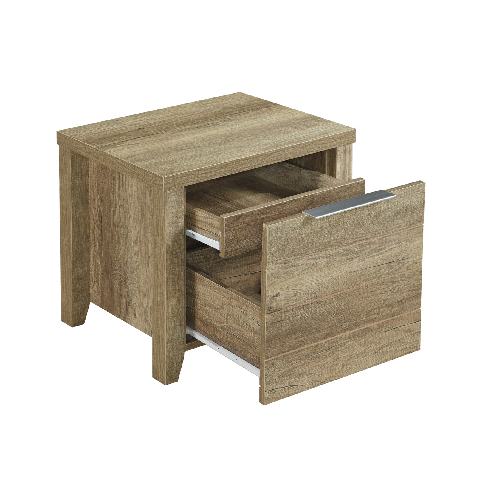 Light oak dresser nightstand with open storage and one drawer, metal bar handle