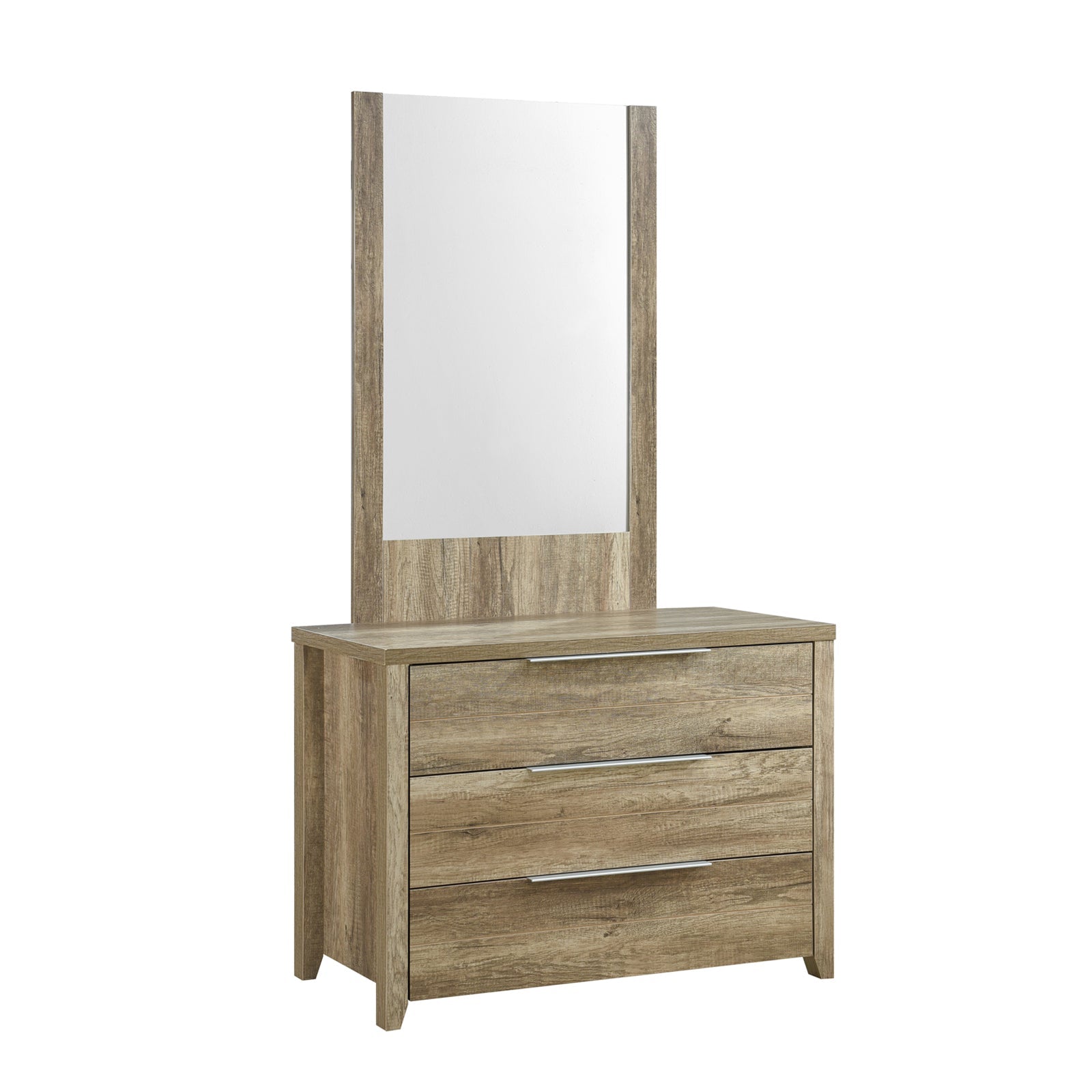 Light oak bedside chest with a large mirror panel and three drawers