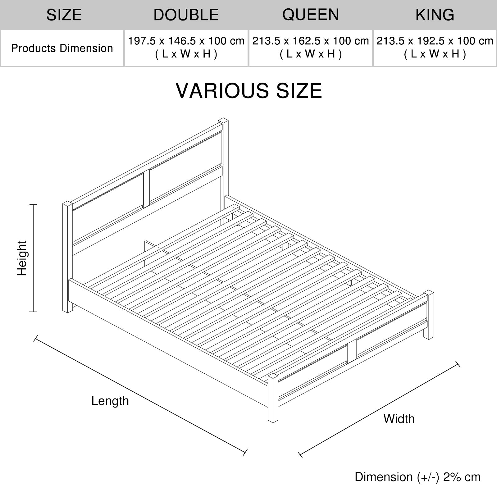 Bed frame size diagram with slatted base, shows double, queen, and king dimensions