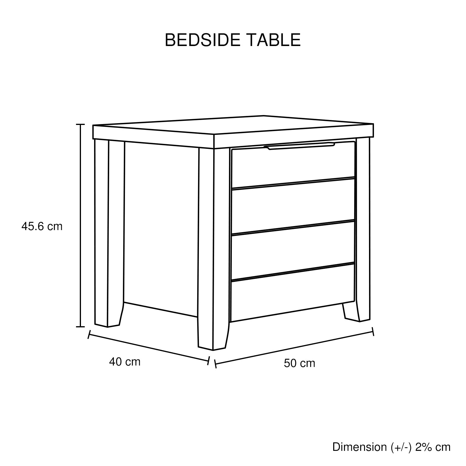 Bedside table dimensions diagram with side view and measurements in cm
