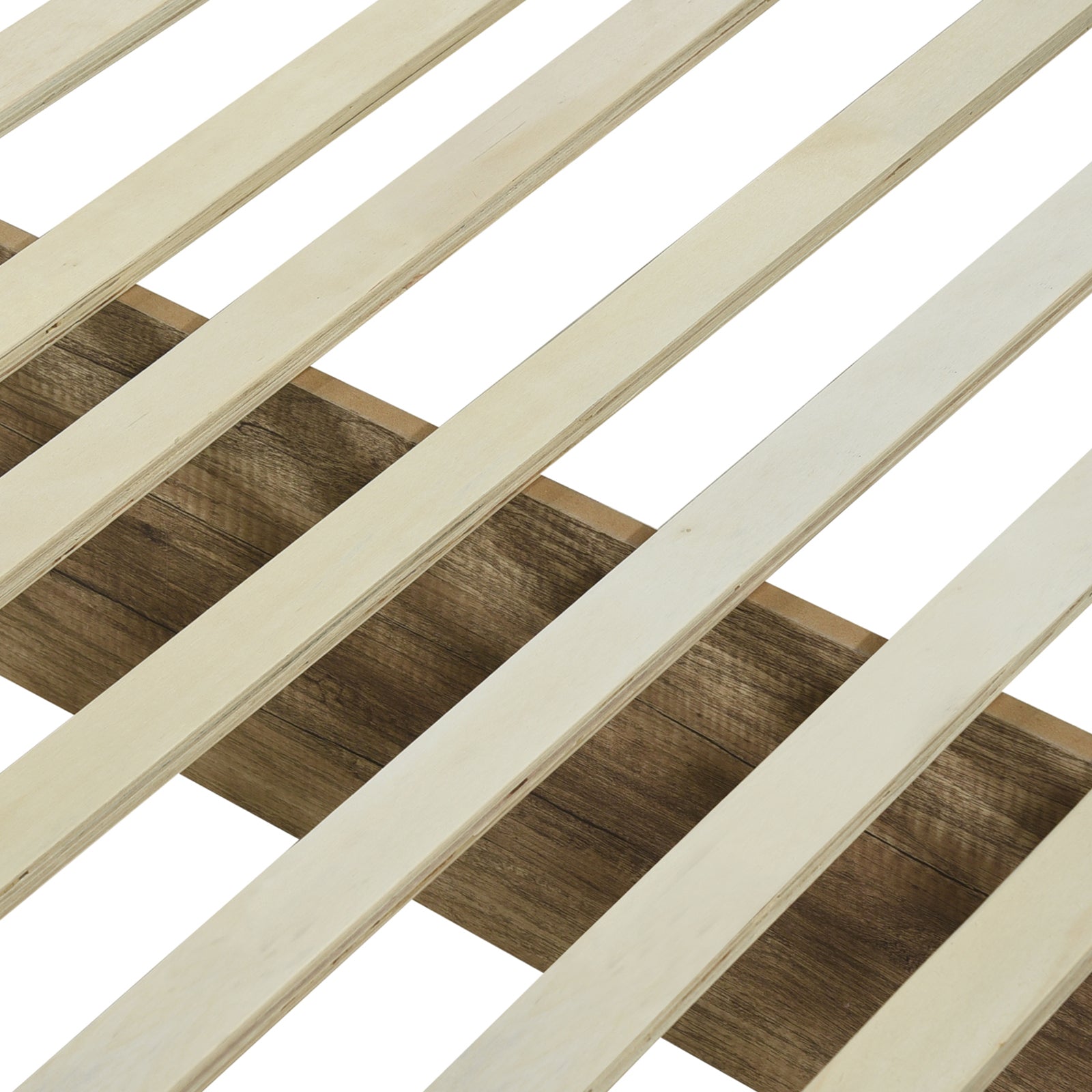 Close-up of light oak bed slats across the mattress support