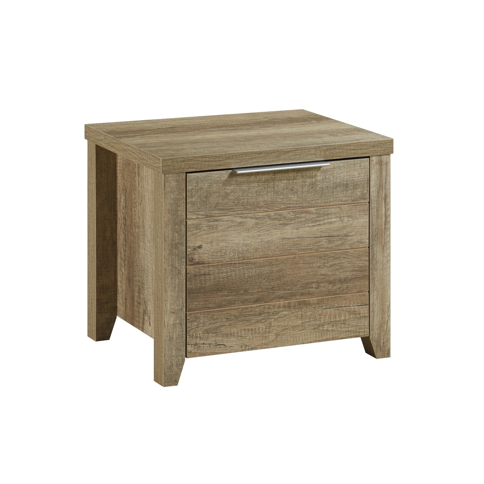Light oak bedside table with one drawer and metal pull handle