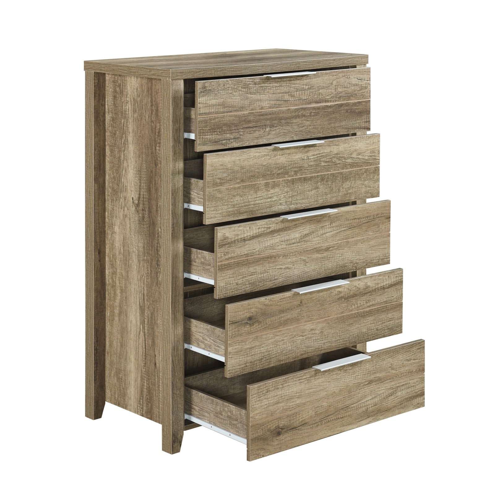 Natural oak-style tallboy chest with five drawers and metal bar pull handles
