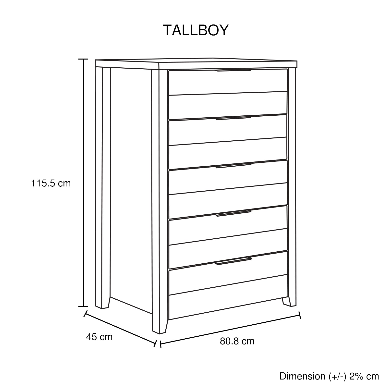 Tallboy chest dimension diagram with drawer fronts and side panels