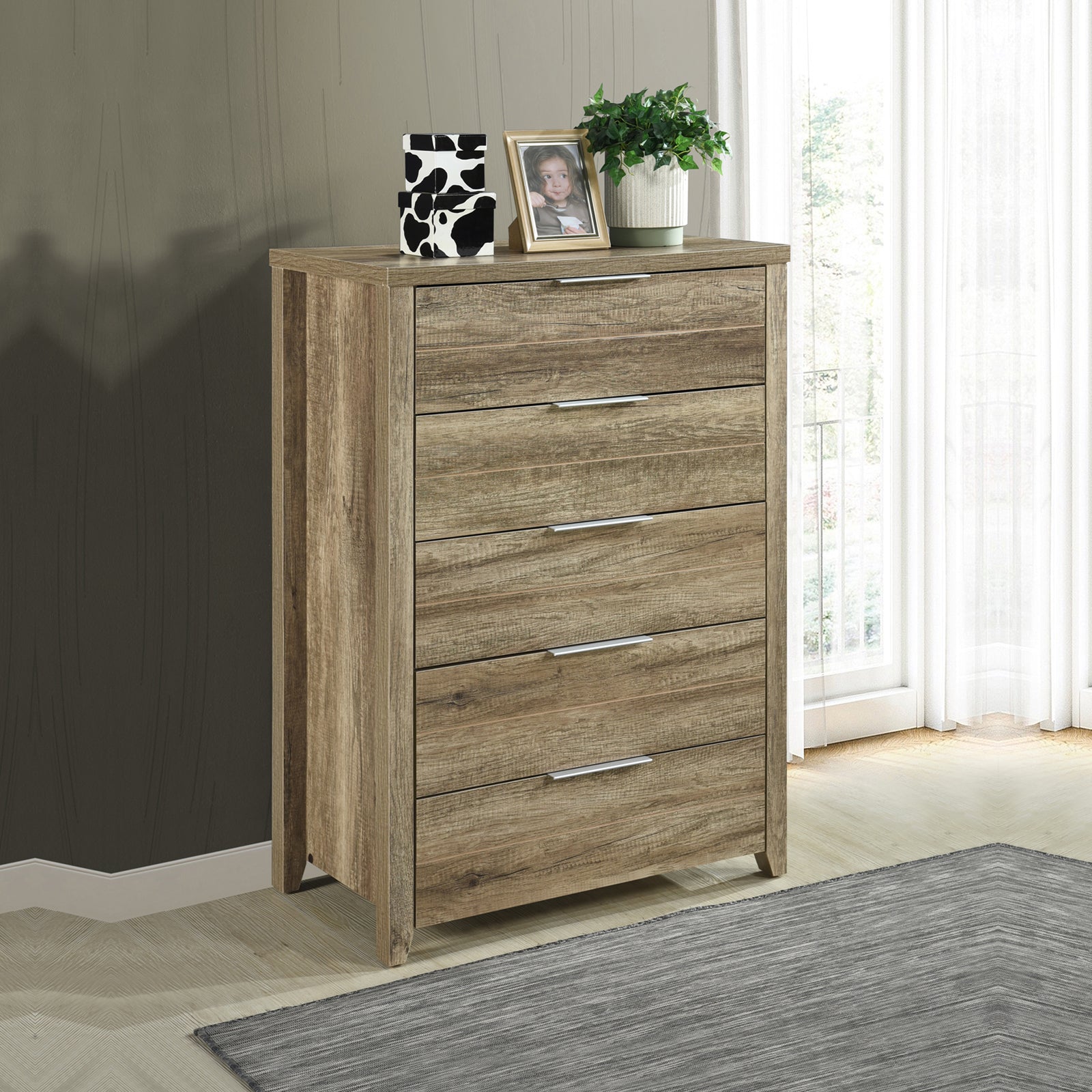 Light oak wood-look tallboy dresser with four drawers and chrome bar pulls