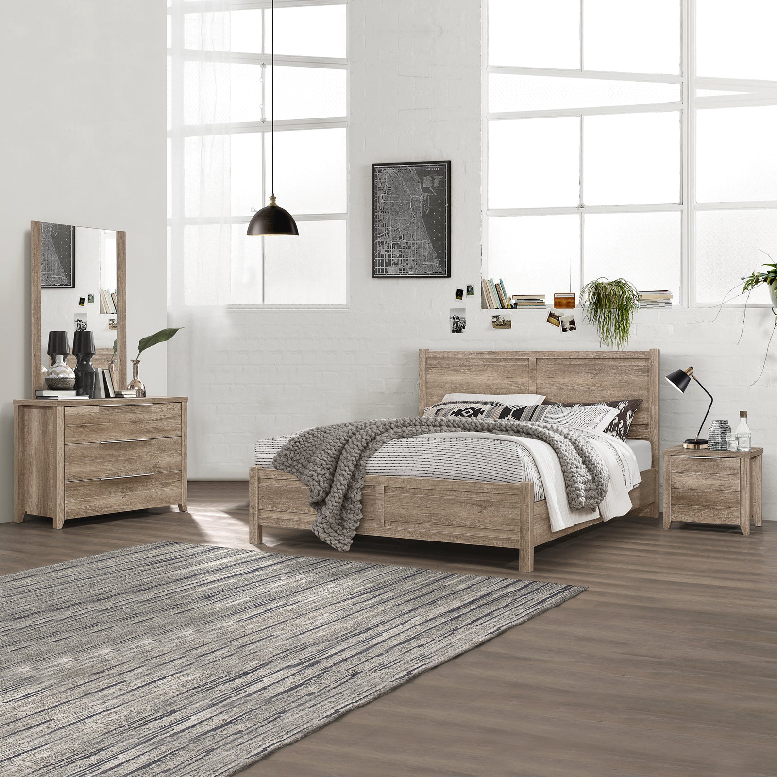 4 Pieces Bedroom Suite Natural Wood Like MDF Structure Queen Size Oak Colour Bed, Bedside Table & Tallboy