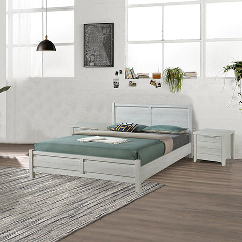 Queen bed with white ash wood-look frame, tall headboard, and matching bedside table