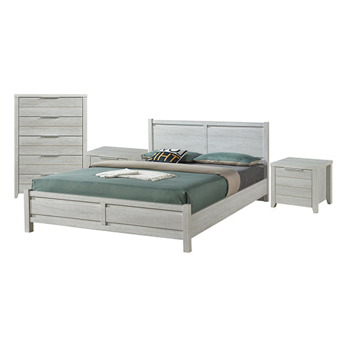 Queen bed frame with white ash wood-look headboard, bedside table and tall dresser
