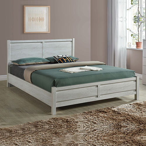 Queen bed frame in white ash wood-look finish with paneled headboard and footboard