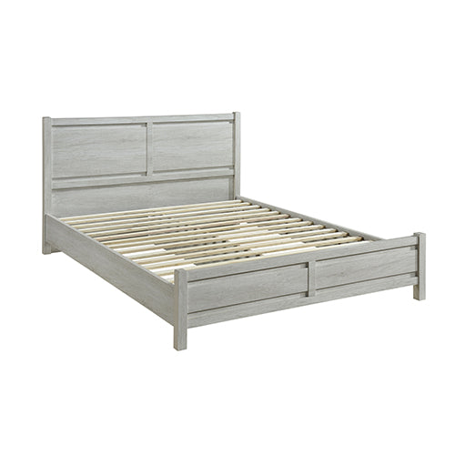 Queen bed frame with white ash wood-look panels and slatted mattress base