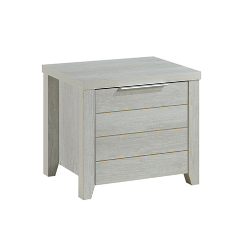 White ash wood-look bedside table with three drawers and silver bar handles