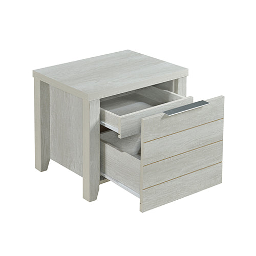 White ash wood-look bedside table with open drawer compartments and silver bar handles