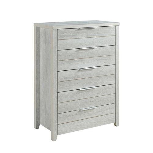 White ash wood-look tall dresser with multiple drawers and silver bar handles