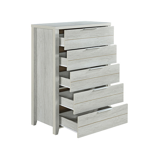 White ash wood-look tall dresser with open drawer fronts and silver bar handles