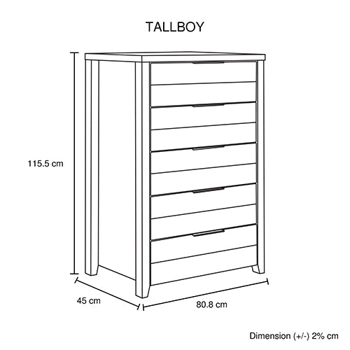 Tallboy chest of drawers in white ash look, five drawers with metal handles