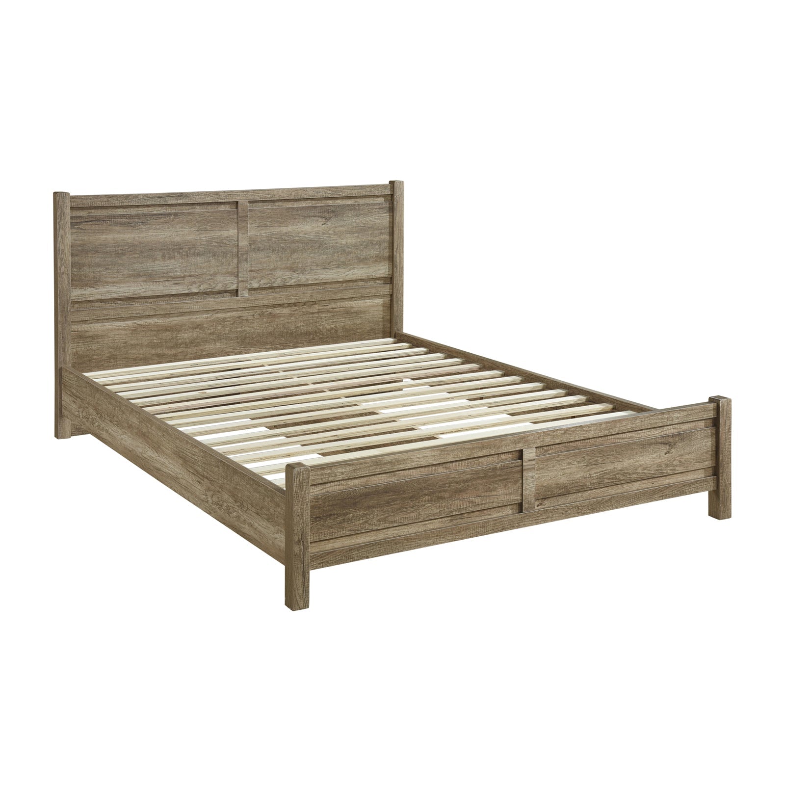 Natural oak-look MDF double bed frame with slatted platform and storage drawers