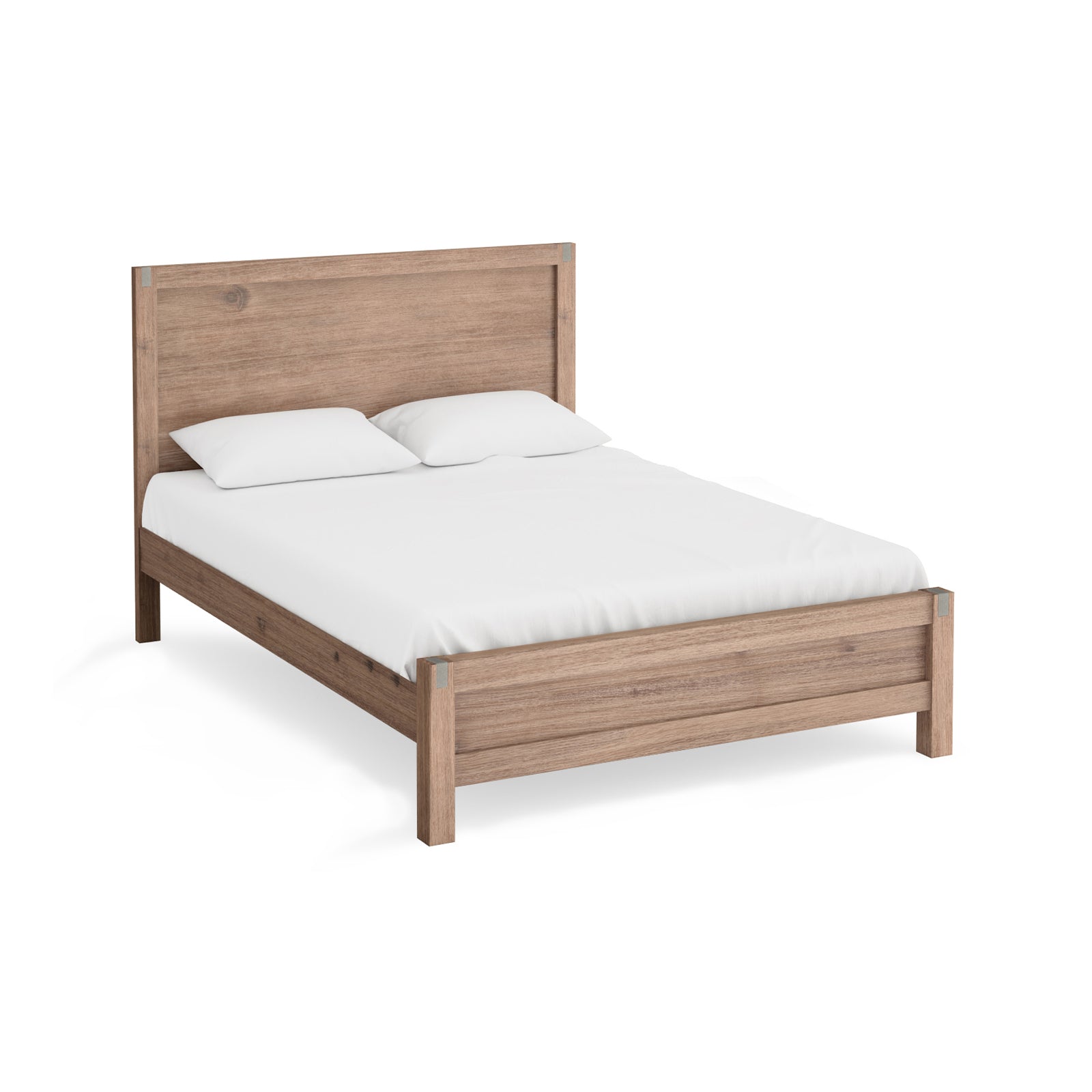 Wood bed frame with white mattress, slatted headboard, and sturdy side rails