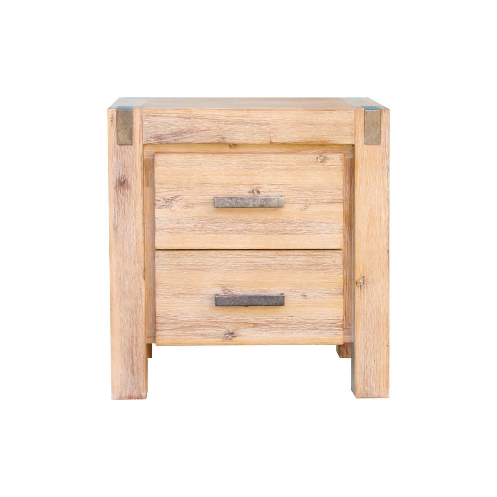 Wood bedside table with two stacked drawers and dark bar handles