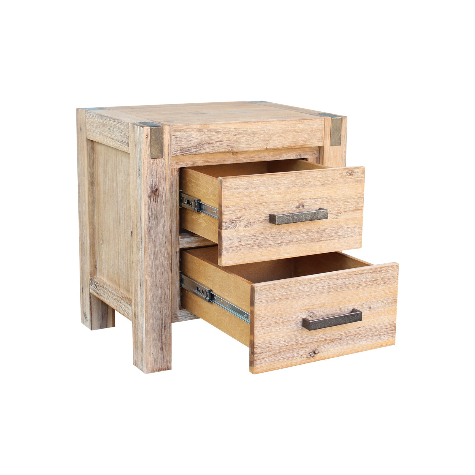 Wood bedside table with drawers pulled open, showing interior storage