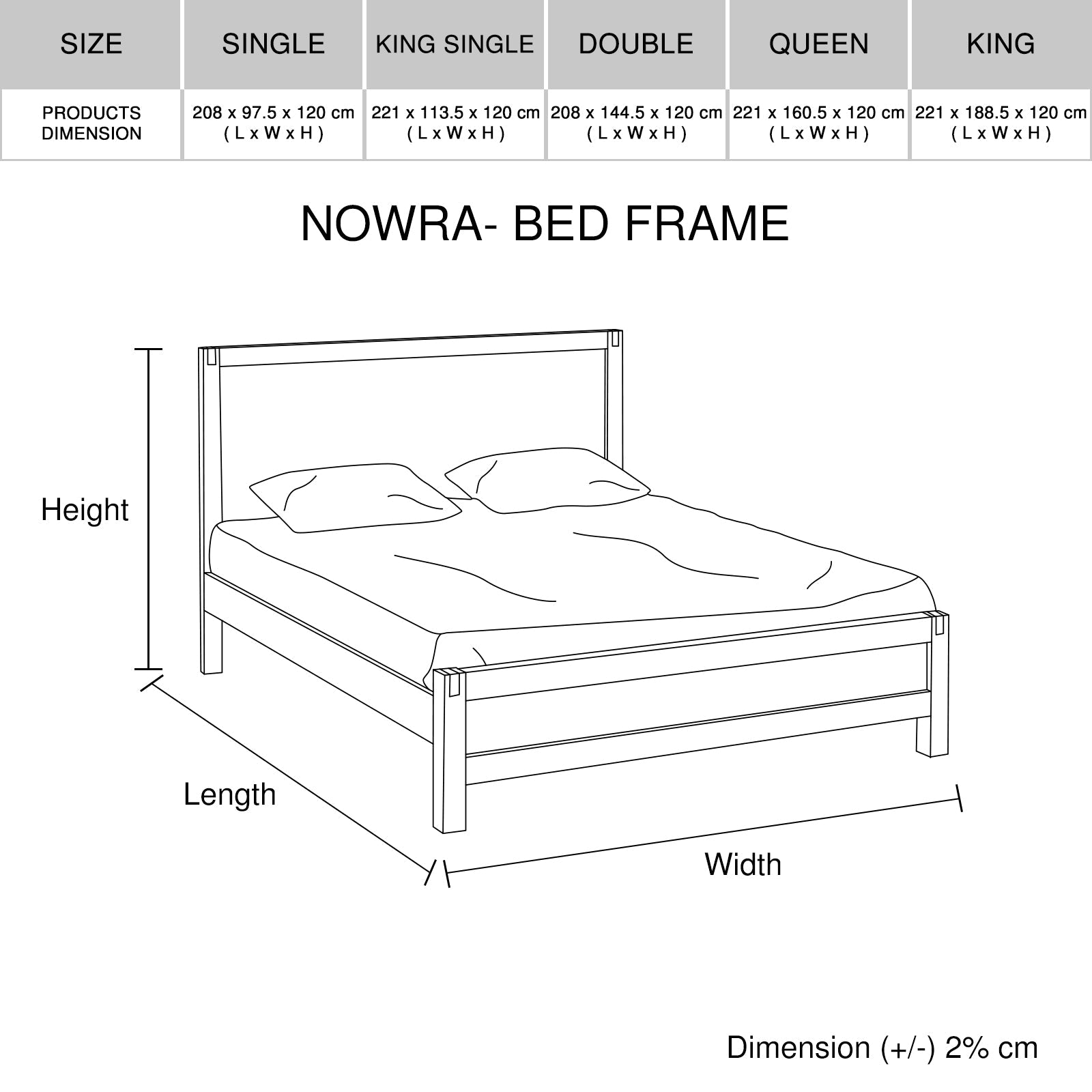 Nowra bed frame size chart diagram with labeled height, length, and width