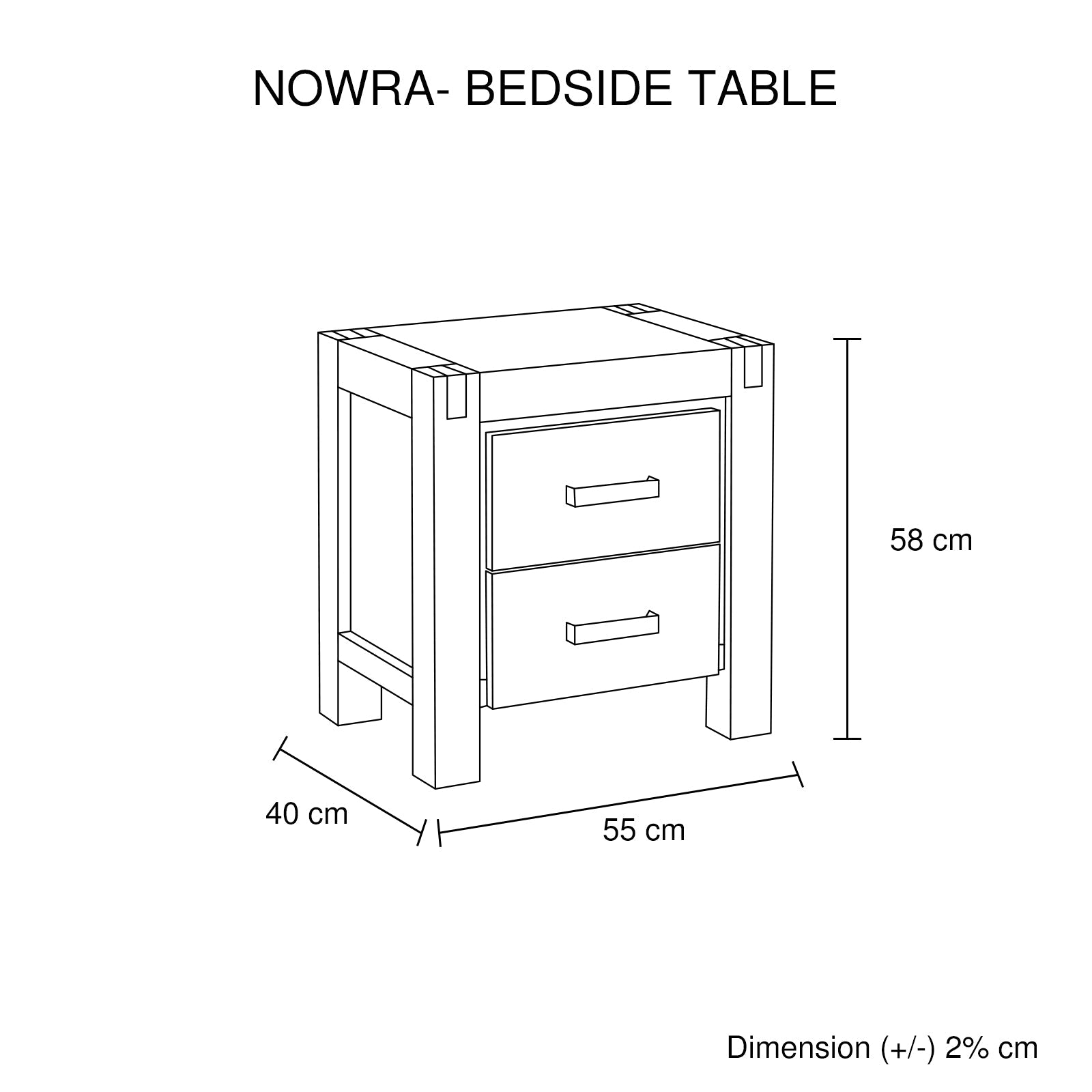 Nowra bedside table dimension diagram showing width and height measurements