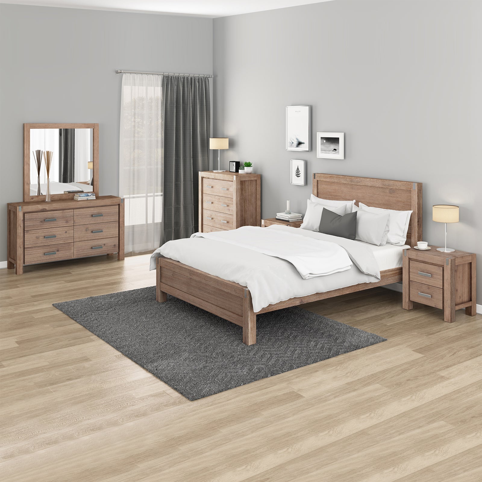 Wood bed frame with slatted headboard and footboard, white mattress, and pillows