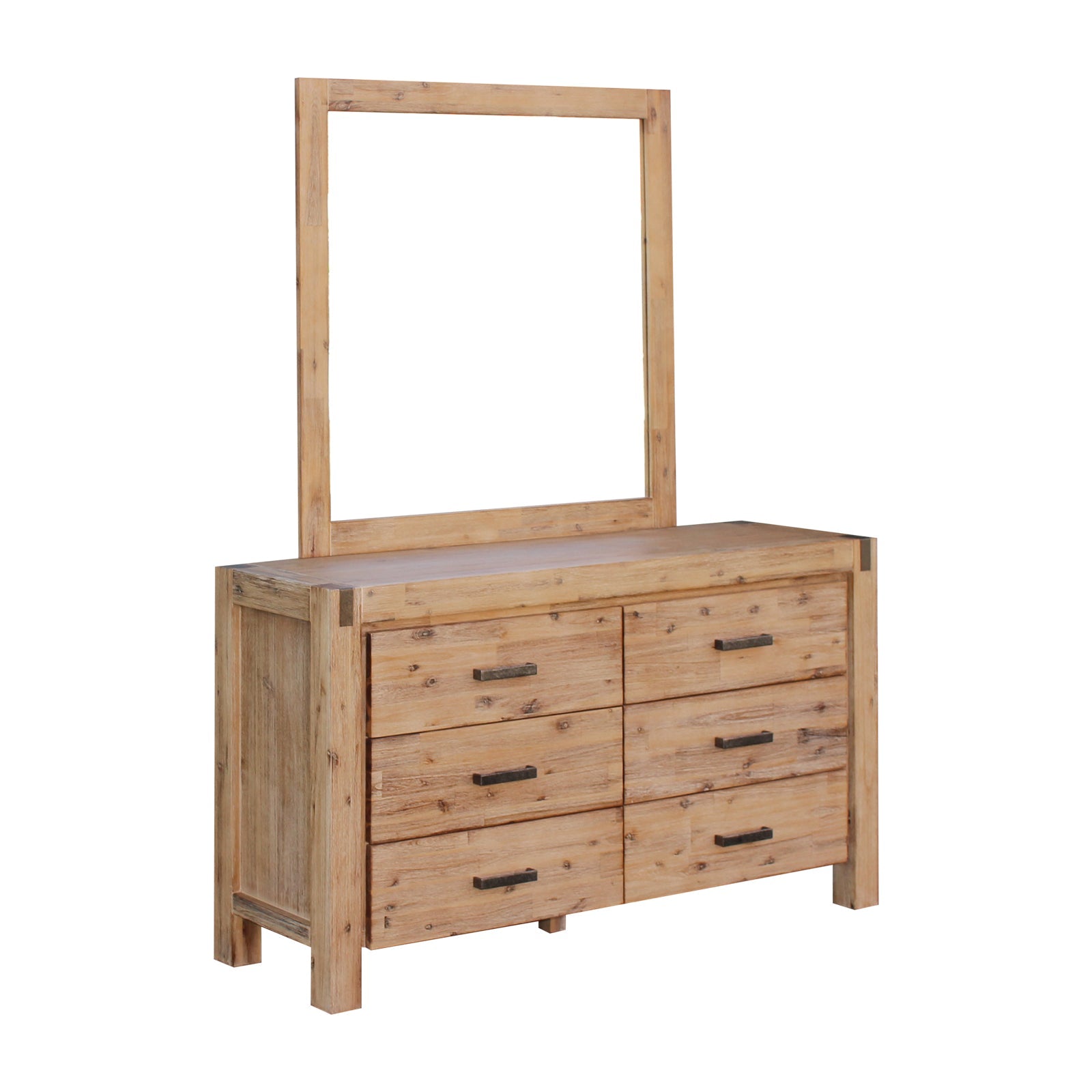 Wood dresser with mirror frame and four drawers with dark bar handles