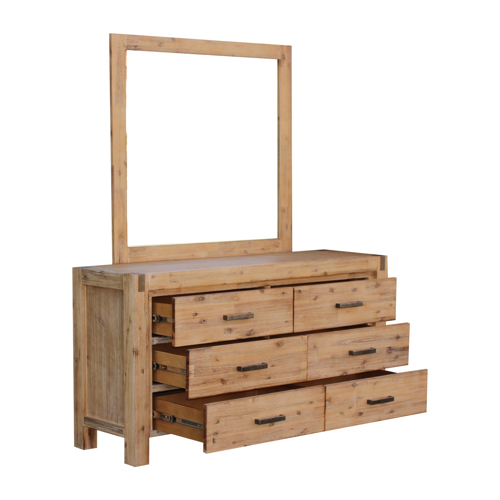 Wood dresser with mirror frame and multiple drawers with dark bar handles