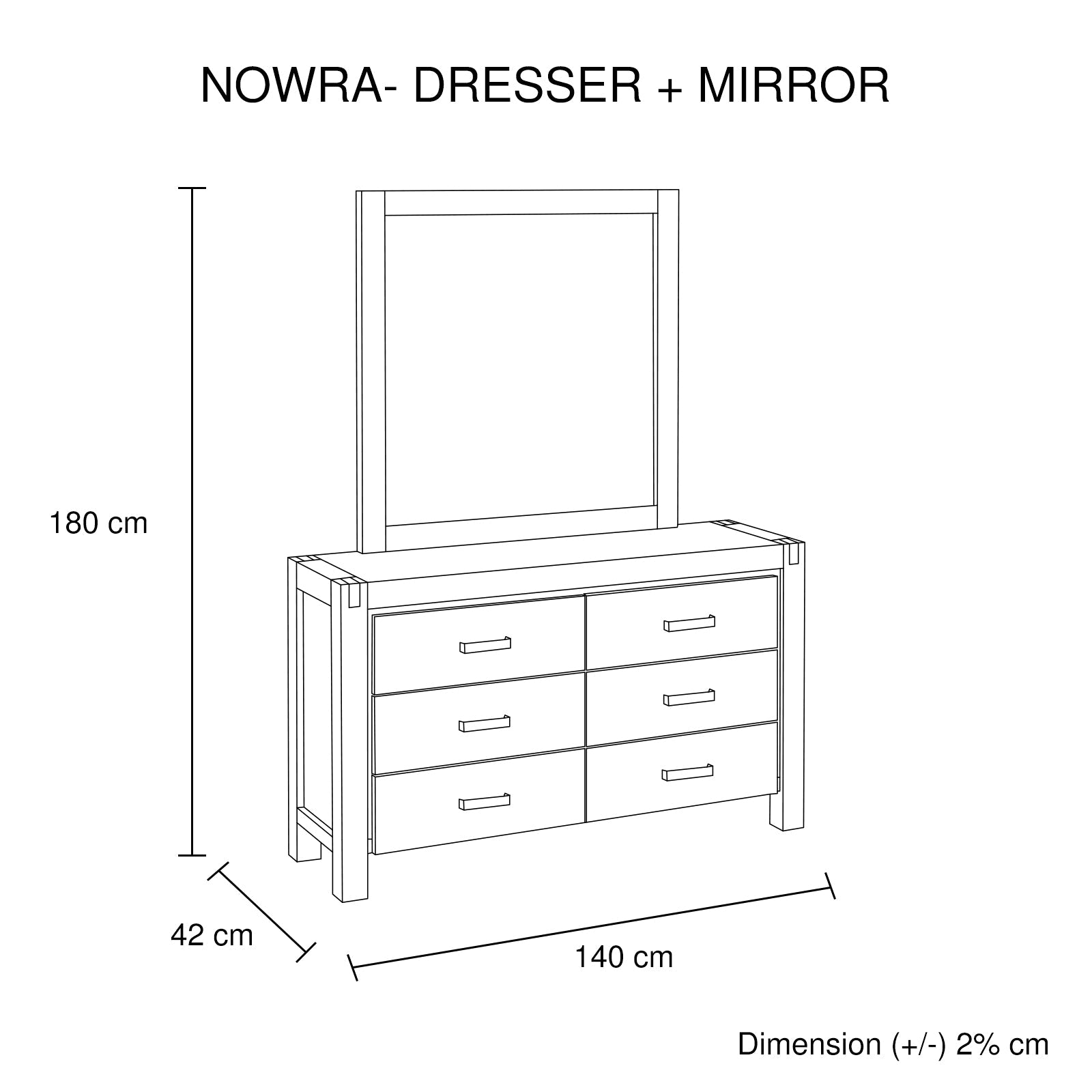 Oak-coloured dresser with four drawers and framed mirror, front view
