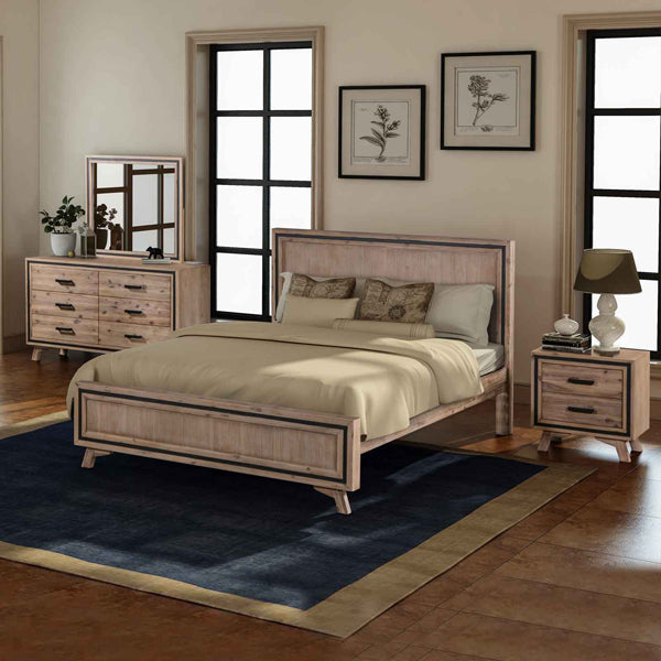 King bed with upholstered headboard and footboard, with side nightstands