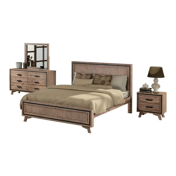 King bed with upholstered headboard, dresser with mirror, and bedside table