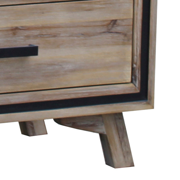 Dresser drawer front with dark handle and acacia wood legs