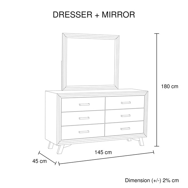 Dresser with mirror dimensions diagram, 145 cm wide and 180 cm tall