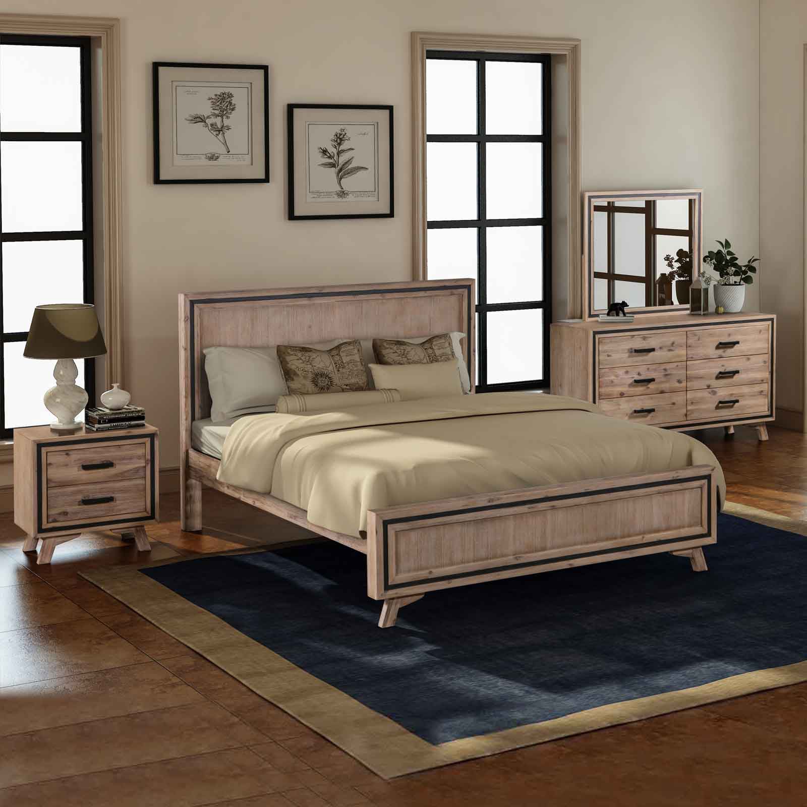 Queen bed frame with upholstered headboard, beige comforter, and matching acacia wood nightstand