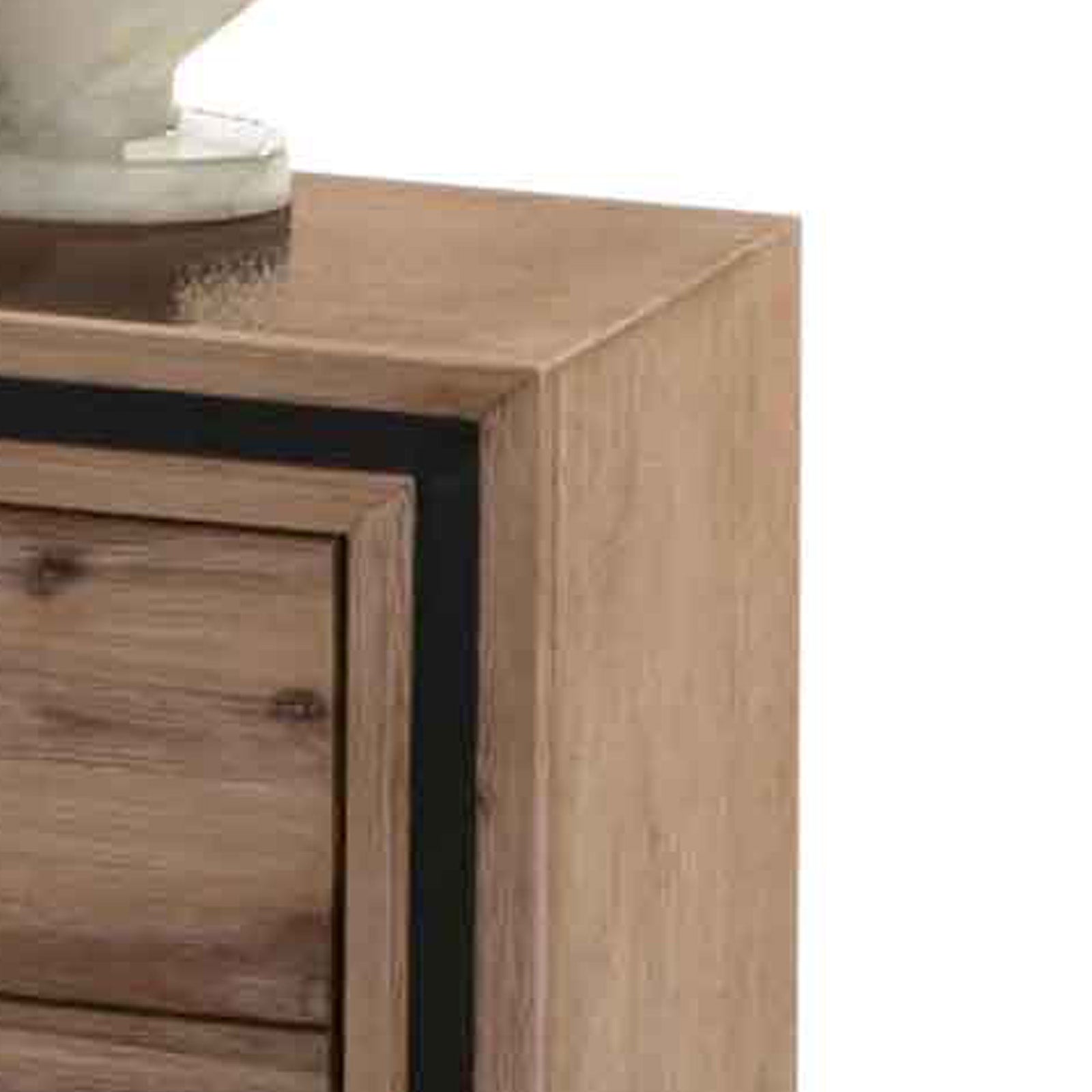 Acacia wood dresser top corner and drawer front with dark trim