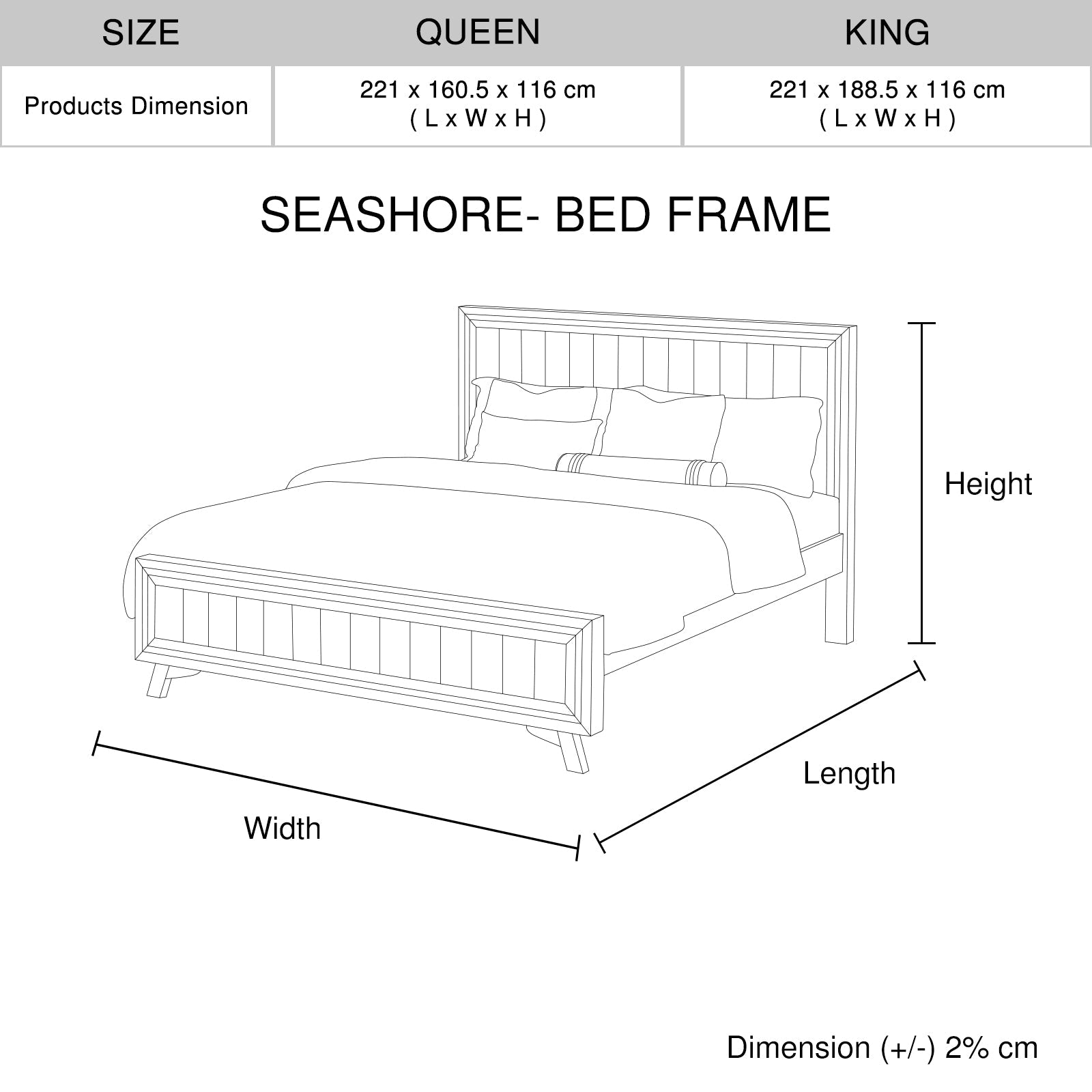 Queen bed frame dimension diagram with width, length, and height measurements