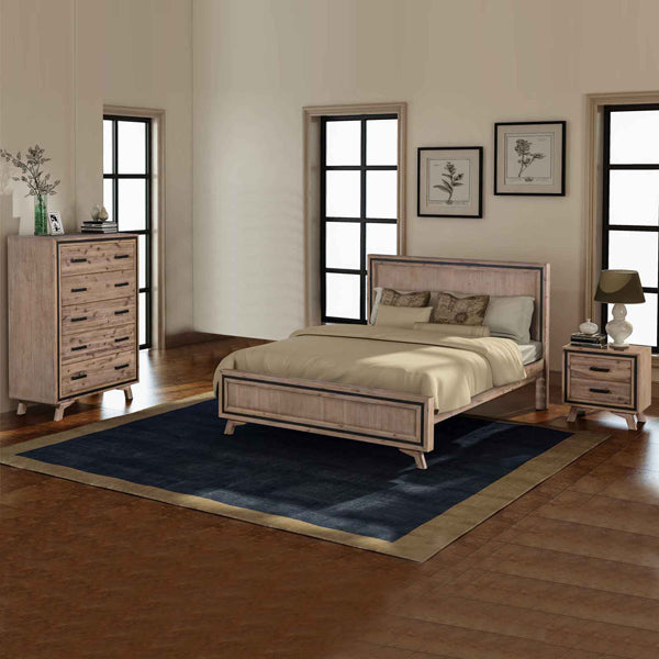 Bedroom furniture set with king bed, bedside table, and tallboy in light acacia wood
