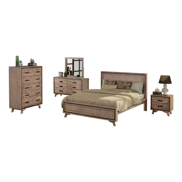 Bedroom furniture set: king bed with rails, dresser-style nightstand, and tallboy