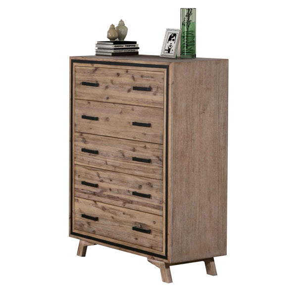 Tallboy cabinet in acacia wood with multiple drawers and black bar handles