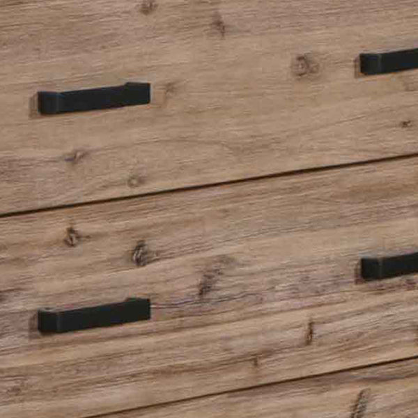 Acacia wood drawer front detail with black bar handles