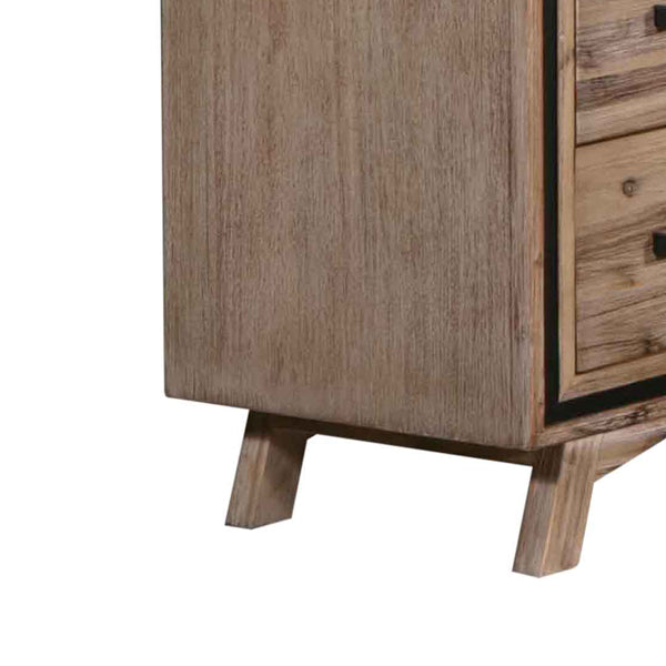 Acacia wood tallboy cabinet with raised legs and drawer detail