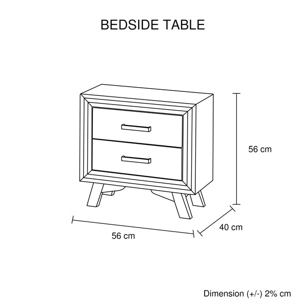 Bedside table with two drawers, open top frame, and angled legs in acacia wood