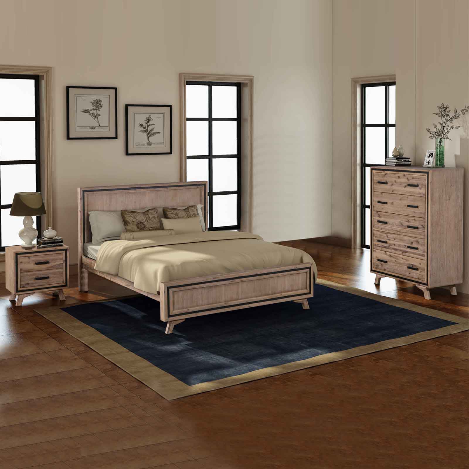 Queen bed with wood frame, upholstered headboard, beige sheets and pillows