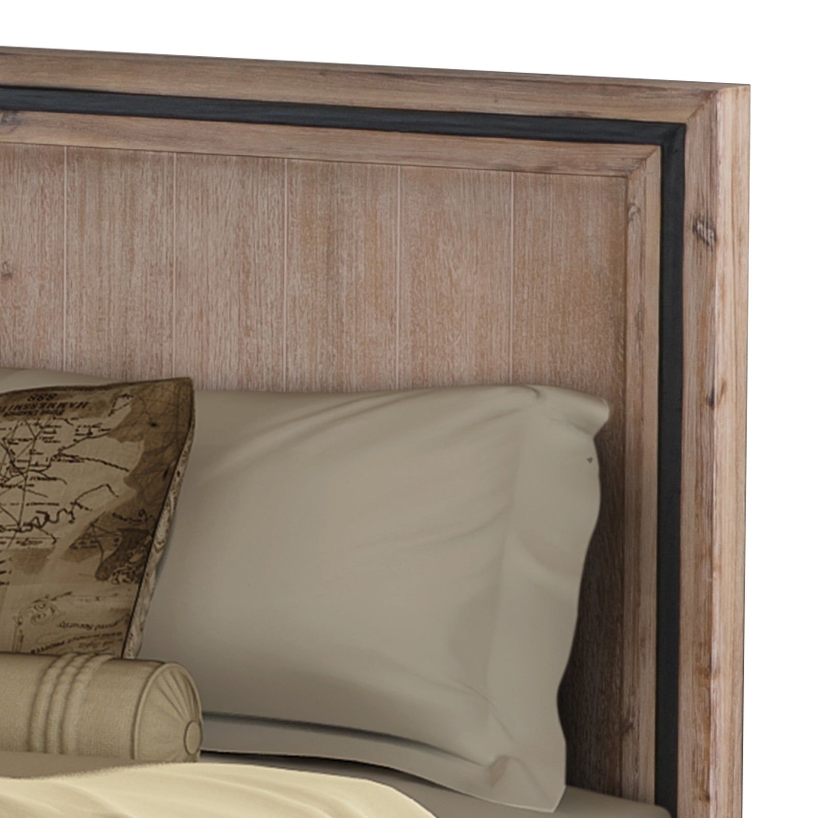Queen bed headboard and pillow area, beige pillows and bedding